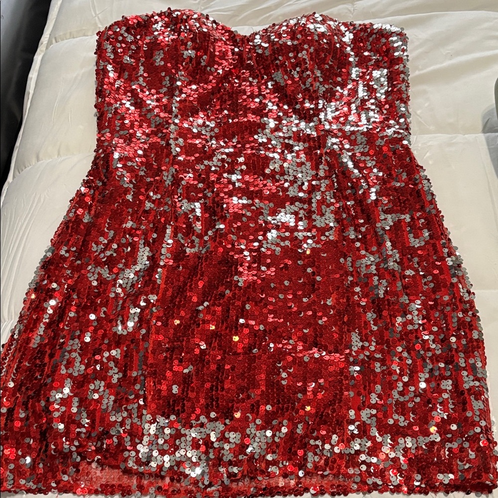 Alyce Paris Red and Silver Strapless Dress